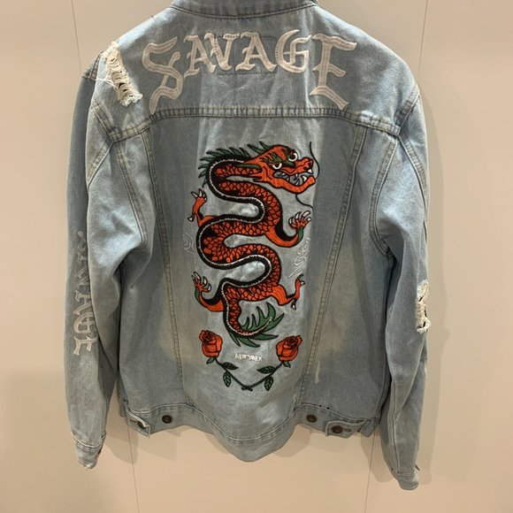 BROOKLYN Cloth Co. Lightwash Distressed Denim Jacket Size L Roses & Dragons - Picture 2 of 9